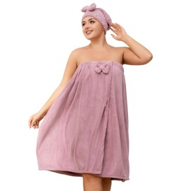 Plus Size Women's Towel Wrap with Hair Towel,Bath Wrap, Elastic Band, Fits 110-220 lbs, Soft Coral Fleece,Perfect as Shower Wrap Towel for Women or Velcro Towel Wrap Women (Purple)