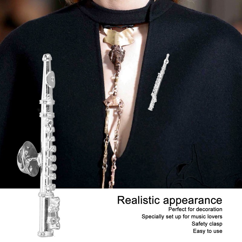 Silver Flute Brooch Miniature Musical Instrument Lapel Brooch Pin with