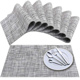 Newk Placemat, Crossweave Vinyl Woven Placemats, Non-Slip Insulation, Washable Place Mats Set (Set of 8, White, Grey)