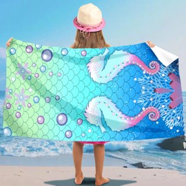 AUNGKWANG Seahorse Beach Towel for Children, 75 x 150 cm Beach Towel for Girls, Microfibre Beach Towel, Ultra Absorbent, Quick Drying Bath Towel, for Beach, Travel, Swimming
