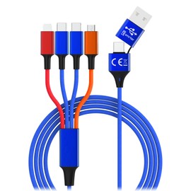 6in1 AllinOne Nylon USB Ladekabel mit USB-C und USB und 4 Anschlüssen zwei USB C, Phone und Micro USB für alle aktuellen Smartphones, Handys Tablets, ActionCams, Switch, Powerbanks - 120 cm (Bunt)