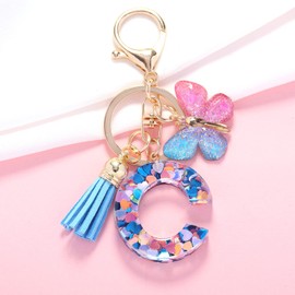 OKAICEN - Llavero con letra inicial del alfabeto con borla y mariposa para bolso de mano, para mujeres y niñas, Letra de mariposa azul C, Talla única