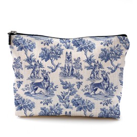 QGFM Chinoiserie Norwegian Elkhound Makeup Bag, Dog Lovers Gifts Cosmetic Bags for Women, Dogs Mom Gifts for Women, Grandmillennial Blue and White Botanical Dog Zipper Makeup Pouch