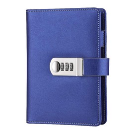 A6 Refillable Binder Notebook, PU Leather Lockable Journal Diary Sketchbook Daily Planner Agenda Notepad with Code Lock, Pen Holder and Card Slots (Dark Blue)