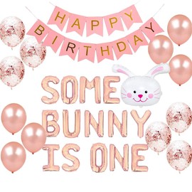 Geloar Some Bunny Is One First Birthday Party Supplies, Some Bunny is One Balloons Happy Birthday Banner for Spring Easter Rabbit Themed Baby Girls 1st Bday Baby Shower Decorations Set of 28 PCS