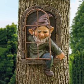 DHOBY GHAUT Elf Out of Door Tree Hugger 12-inch, Gnome Statue Tree Face Garden Decoration for Yard, Patio, Gnome Outdoor Clearance Large Ornaments, Garden Peeker Yard Art