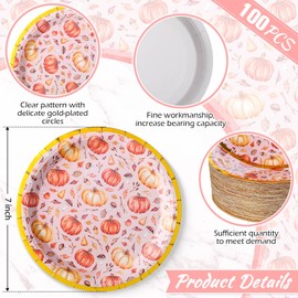 100 Pcs Fall Pink Pumpkin Paper Plates 7 Inch Autumn Plates Gold Foil Edge Round Disposable Serving Tableware for Dinner Dessert Birthday Anniversary Thanksgiving Party Supplies (Leaves)