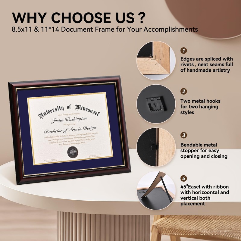 GAMYPET Solid Wood Diploma Frame 8.5 x 11 Certificate Frames