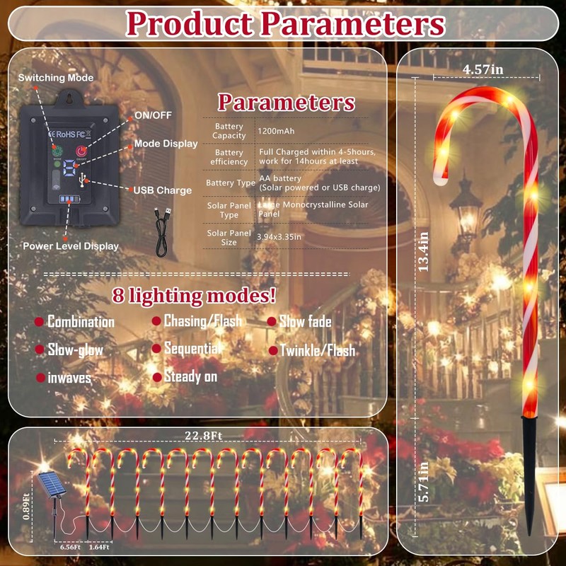 YEPVIE Solar Candy Cane Lights, 12PCS Waterproof Candy Cane Christmas