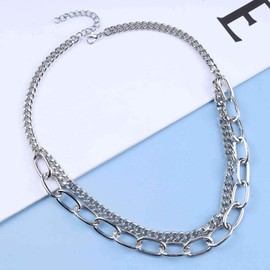 Yienate Punk Silver Layered Necklace Vintage Chunky Link Chain Stacked Paper Clip Cuba Chain Choker Necklace Rock Statement Thick Necklace Charm Jewelry for Women and Girls