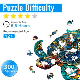 AeekDook Turtle Wooden Jigsaw Puzzle - 300 Pieces Puzzles for Adults with Unique Jigsaw Pieces, Wooden Cut Puzzle Games for Family, Sea Turtle Gifts for Adults and Kids - L 14.9 * 12.6in
