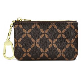 WOZEAH Leather Coin Purse Wallet for Women Men Portable Small Keychain Wallet Pouch Change Card Holder with Zipper(C-Rhombus Brown)