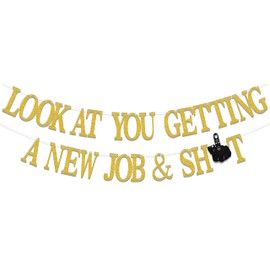 Banner de trabajo con texto en inglés «Look at You Getting A New Job Banner» con texto en inglés «Felicidades», «Happy Workiversar», «Happy Workiversar», «New Companer», «Welcome Party», «