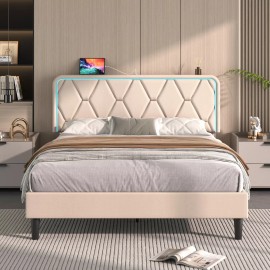 Vecelo Bed Frame with LED Light USB Ports Queen Full Twin Size Headboard Platform Bed - Beige, Twin