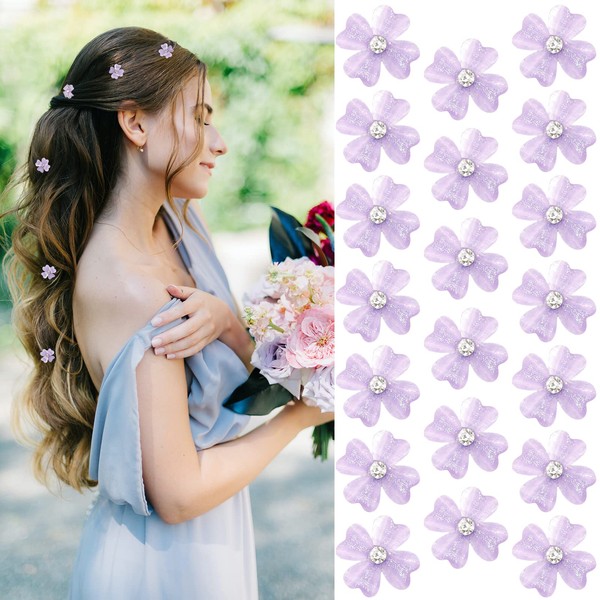 YISSION 20Pcs Mini Purple Flower Hair Clips with Rhinestone Cute Hair Pins Decorative Hair Clips Wedding Hair Barrettes Bridal Hair Accessories for Girls Women