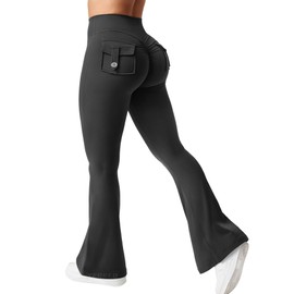 YEOREO CoreFlex Flare Leggings with Pockets for Women Scrunch Workout Leggings Butt Lifting Gym Yoga Pants Black