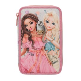 Depesche TOPModel Juicy 13324 Filled 3-Compartment Pencil Case in Cream and Pink, with Model Motif, Monkey and Colourful Pattern, Pencil Case with Colouring Pencils, Scissors, Ruler and Much More