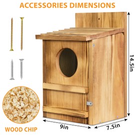 Screech Owl House, Owl Bird Box Large Handmade Wooden Circular Opening Screech Box for Outside with Mounting Screws and A Bag of Wood Shavings, Easy Assembly Required (Brown, 9" x 14.5")