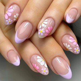 Tyuimhx Colorful Flowers Press on Nails Oval Short Fake Nails with Designs Purple French Tip False Nails Full Cover Stick on Nails Acrylic Floral Artificial Nails for Women Glue on Nails 24Pcs