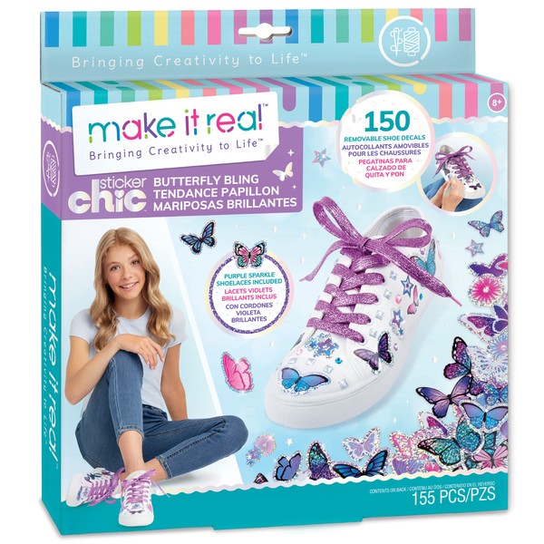 Make It Real: Sticker Chic Butterfly Bling - 150 Decorative Stickers, Removable Shoe Decals, Includes Shoelaces, Temporary Shoe Tattoos, Redecorate & Transform Your Shoes, Girls & Tweens, Ages 8+