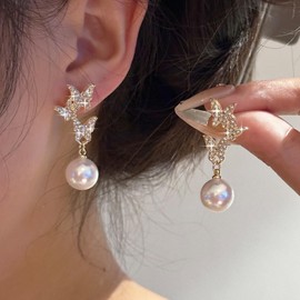 Yheakne Vintage Crystal Pearl Dangle Earrings Cz Butterfly Pearl Drop Earrings Gold Butterfly Pearl Earrings Rhinestone Butterfly Stud Earrings Jewelry for Women