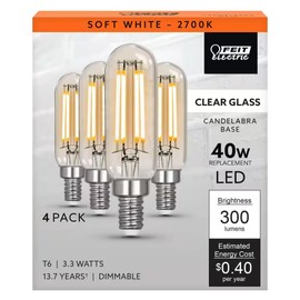 Feit Electric 40-Watt Equivalent T6 Dimmable Straight Filament Clear Glass E12 Candelabra Edison LED Light Bulb, Soft White - 4 Pack