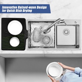 KitchenRaku Dish Drying Mat with Integrated Drain Edge 40 x 33 cm, Drying Mat, Heat Resistant Non-Slip Drying Mat Sink, Washing Mat Draining Mat, Place Mat (Black, 40 x 33 cm)