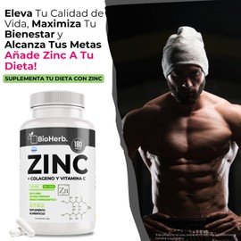 BioHerb Zinc + Colageno y Vitamina C (180 Capsulas 500mg) | [Extremadamente Eficaz] - | Recuperacion y Descanso | Calidad Suprema | Grado Farmaceutico | Suministro Para 180 Dias | - Gluconato de Zinc, Acido Absorbico y Colageno Hidrolizado - BioHerb.