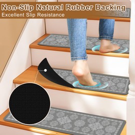 Stair Treads for Wooden Steps Set Boho Grey Non-Slip Carpet Stair 15PCS 30"X8" Indoor Stair Runners Resistant Rugs Rubber Backing Stair Treads Safety Mats for Kids & Elders and Dogs