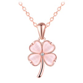 VIKILEE 925 Sterling Silver Necklace, Four Leaf Clover Heart Pendant, Cat Eye Stone Setting Suitable for Good Friends, Girlfriends, Silver