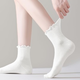 ANDERE ARTE Womens Ruffle Socks, Frilly Ankle Socks, Soft Cute Crew Socks, Breathable Lettuce Edge Socks for Women 8 Pack-8 White