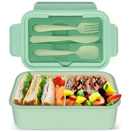 June tech 1400ml Bento Lunch Box Container with 3 Compartments Lunch Box for Adults Lunch Boxes with Cutlery Set BPA Free Sandwich Box for Kids Snack Box for School Kindergarten Office (Green)