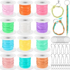 Gimp String Kit, 12 Rolls Lanyard String Plastic Lacing Cord 131 Yard Elastic Boondoggle Gimp Bracelet Lanyard Kit for Friendship Bracelets Making Jewelry DIY Craft Weaving Kit(Macaron Color)