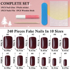 LoveOurHome 240pc Burgundy Press on Nails Short Fake Nails Square Glue on Nail Short Acrylic Nails Press ons Nail Tips Full Cover False Nail Women Girl Square Artificial Fingernail with Adhesive Tab