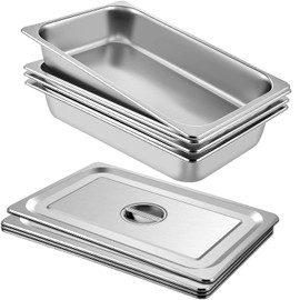 ZeroPone Hotel Pan 2.5" Deep Steam Table Pan 4 Pack Full Size with Lid Hotel Pan 22 Gauge Stainless Steel Anti Jam Steam Table Pan