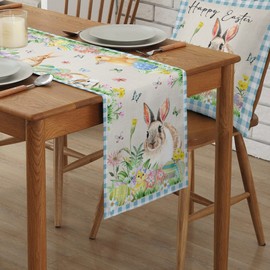 Easter Eggs Rabbit Table Runners 72 inches Long, Spring Butterfly Flower Blue Plaid Table Runner Easter Dresser Scarves,Decortaive Table Runner Cover for Dining Coffee Table Holiday Party Wedding