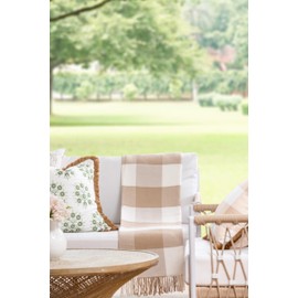 Hofdeco Premium Coastal Decorative Throw Blanket for Patio Couch Sofa, Neutral Tan Buffalo Plaid with Fringe, 52"x72"