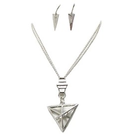 Fashion Jewelry ~ Geometric Triangle Pendant Long Necklace and Earrings Set Silvertone Causal for Women Teens Girlfriends Birthday Gifts