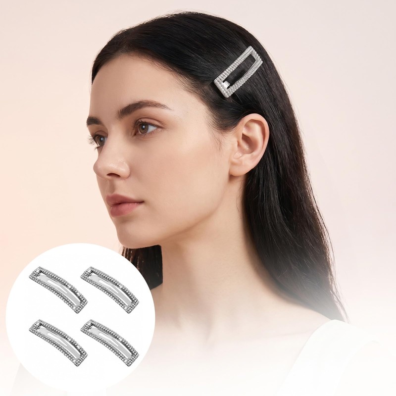 4 Pack Silver Barrettes, Rectangular Rhinestone Hair Clips