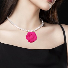 Just Follow Floral Pearl Necklace for Women Cultured Pearl with Fabric Flower Pendant Vintage Style Jewelry for Mother (Hot Pink)