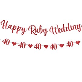 Bliceon 40th Happy Ruby Wedding Banner, Glitter Ruby Wedding Anniversary Decorations, Red Heart Bunting Wedding Party Decor - Set of 2
