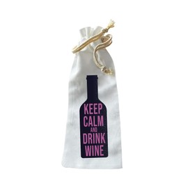 Jolitee “Keep Calm and Drink Wine” Bottle Gift Bag – Reusable Drawstring Canvas Bag with Classic Phrase Design – Funny Host Gift for Dinner Parties or Relaxation Time