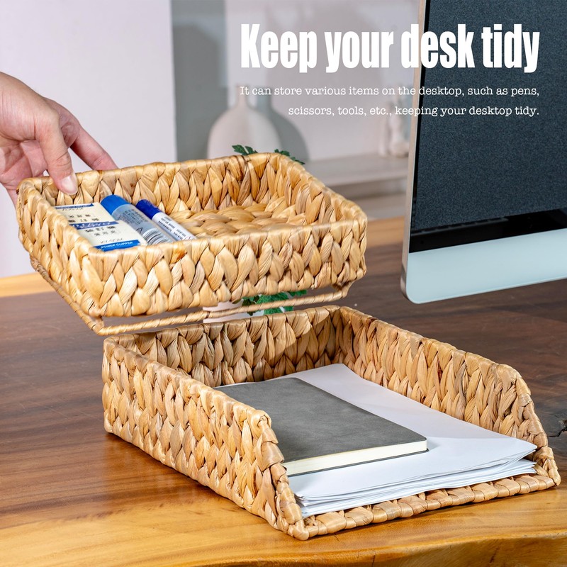 PINXIURY Woven Water Hyacinth Paper Organizer for Desk – Set