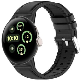 Leather & Silicone Breathable Replacement Straps - Compatible with Pixel Watch 3 41mm, 45mm, 3XL / Pixel Watch 2, 1 (Black)