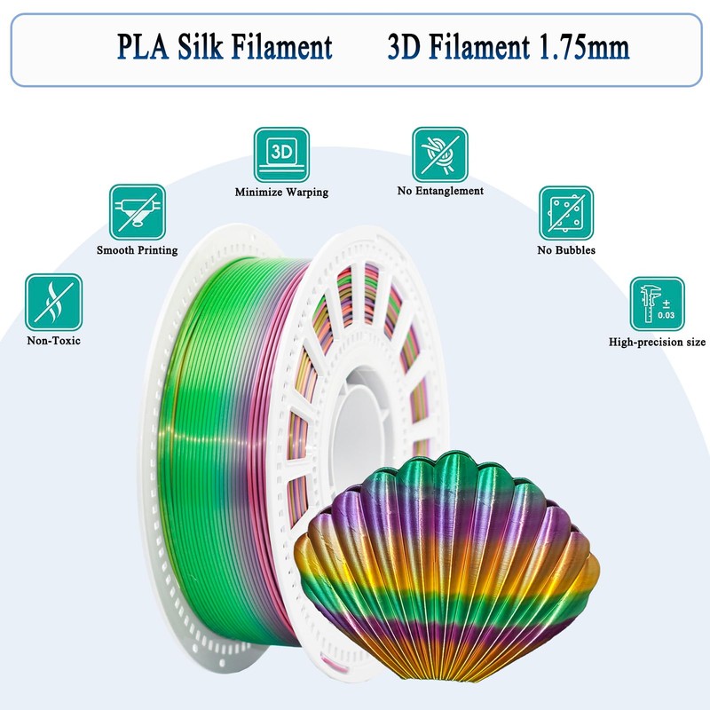 Silk Rainbow PLA Filament 1.75mm, 7 Color Gradient with Metallic