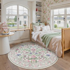 Wonnitar Floral Washable Round Rugs 6ft, Purple Circle Rugs for Bedroom Girls Dorm, Ultra-Thin Non Slip Boho Carpet for Nursery Girls Room Decor Living Room Playroom, Light Purple/Pink