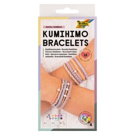 folia 32039 Kumihimo Bracelets Pastel Rainbow Craft Set for Bracelets 16 Pieces with Yarn, Latch Discs and Beads Includes Instructions