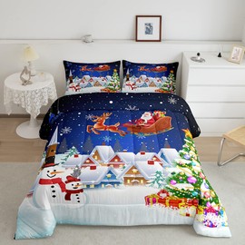 Manfei Christmas Bedding Set Full Size Snowman Christmas Tree Print Comforter Set Santa Claus with Reindeer Quilt Set 3pcs for Kids Boys Girls Room Decor New Year Theme Duvet Set with 2 Pillowcases