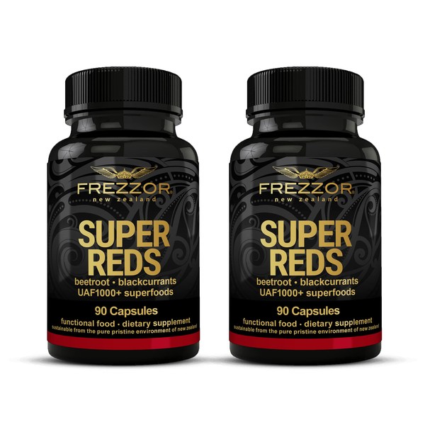 FREZZOR Super Reds Capsules with UAF1000+, All-Natural New Zealand Red Superfood Energy, Essential Red Fruits Veggies& Beets, Antioxidants, Enzymes, Energy Supplements, 180 Capsules, 2 Bottles