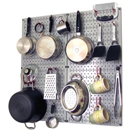 Wall Control Kitchen Pegboard Organizer Pots and Pans Pegboard Pack Storage and Organization Kit with Grey Pegboard and Red Accessories